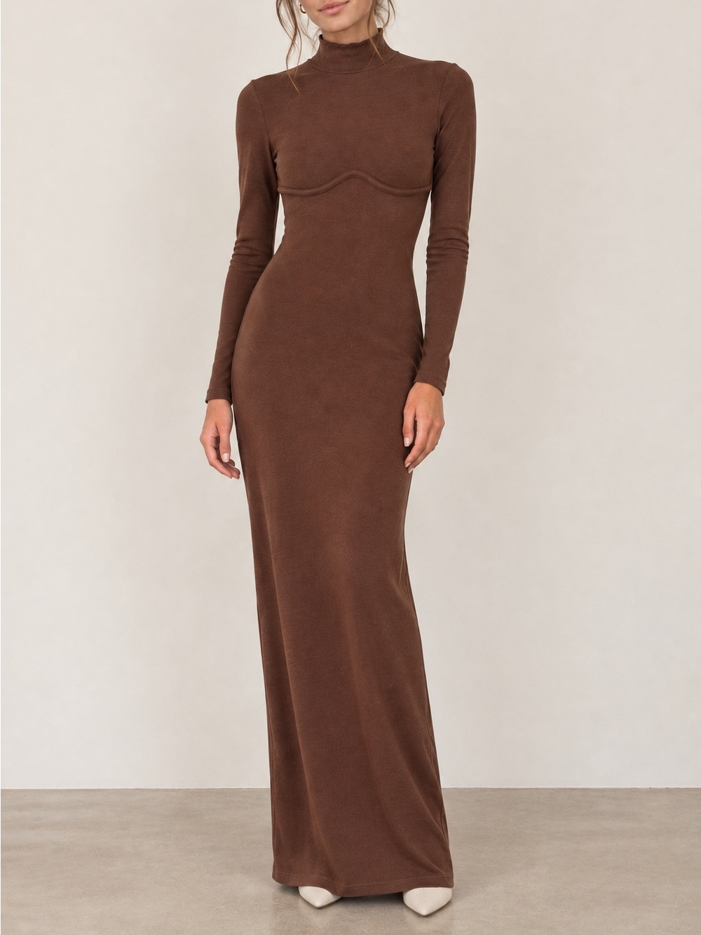 Princess Polly Chocolate High-Neck Long Sleeve Maxi Dress